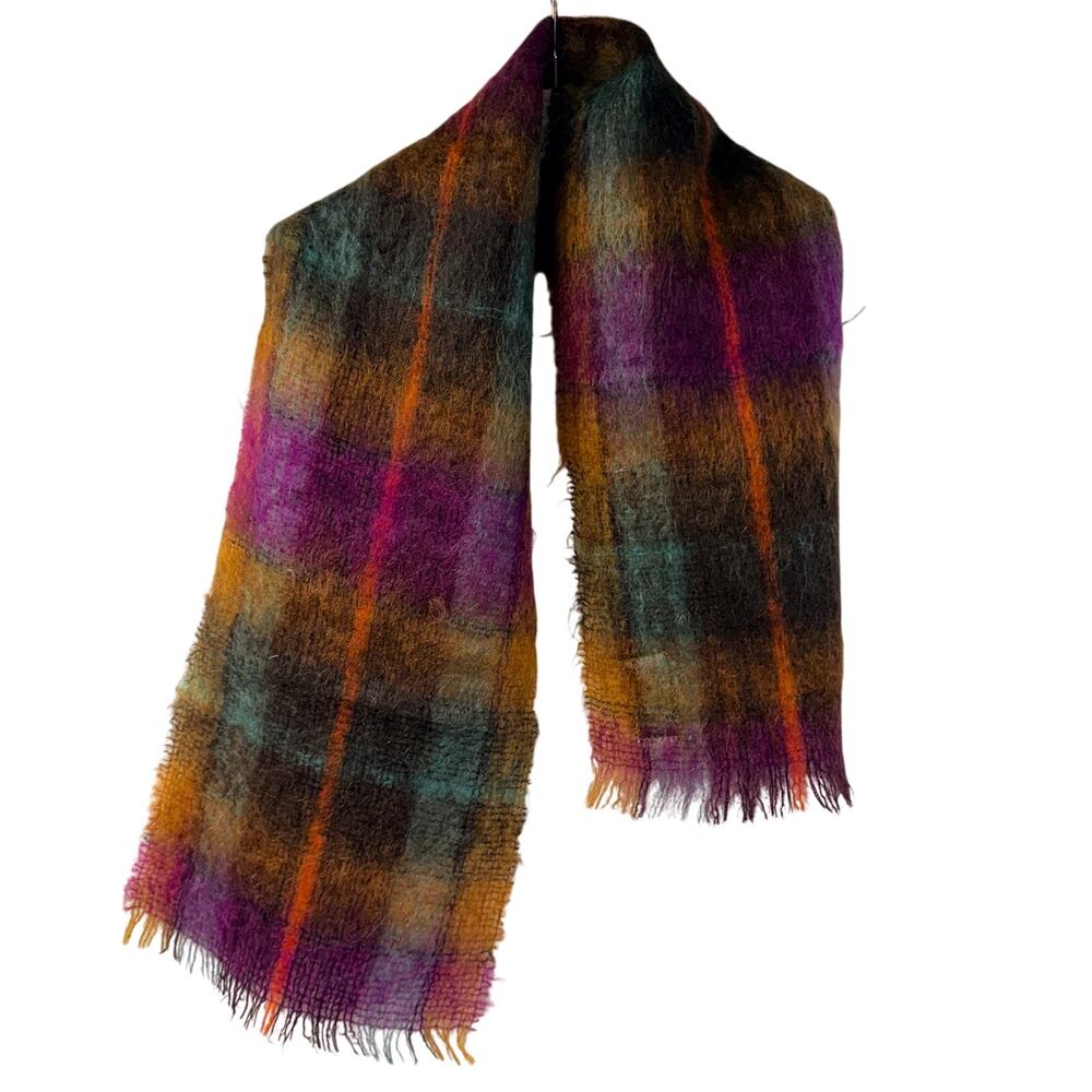 Royal Scot Scarf Plaid Mohair Wool Knit Fringe Purple Yellow Blue
